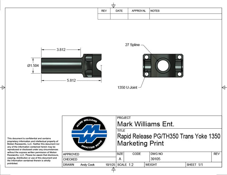 Mark Williams Powerglide/TH350 1350 Series 27 Spline Transmission Slip Yoke - Quick Release (PN: 39105)