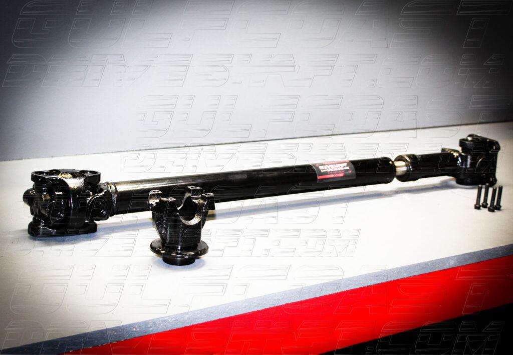 Front and rear Jeep JK driveshaft with solid black tubing, U-joints, and pinion flanges, designed for 2007-2018 4-door models.