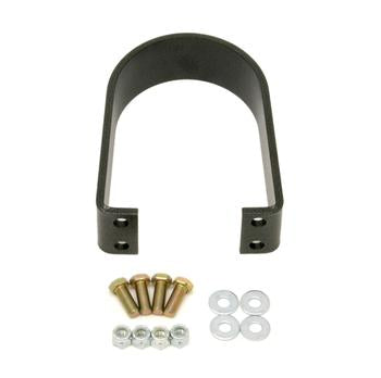 Black powder-coated driveshaft safety loop with mounting hardware for 2005-2014 Mustang, designed for NHRA compliance.